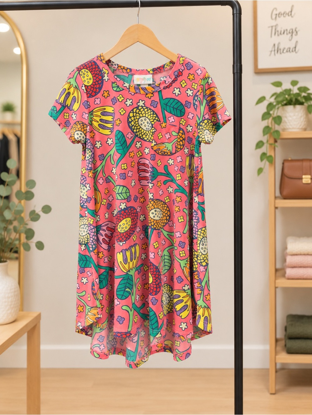 LuLaRoe Pink Floral Swing Dress with Green & Yellow Accents